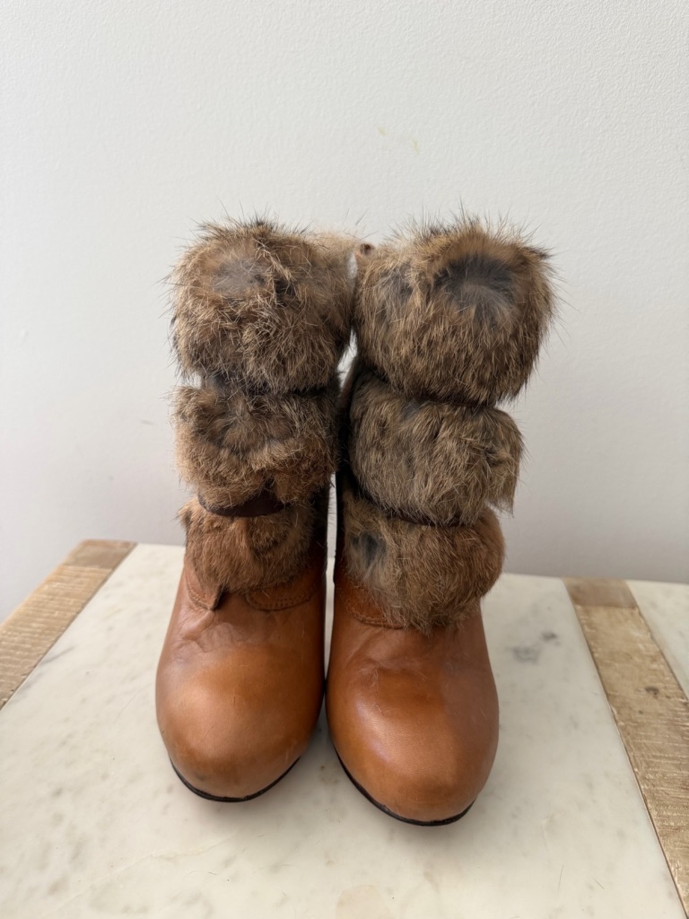 Dolce Vita Tan Ankle Boots with Rabbit Fur Trim